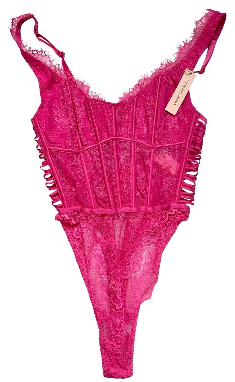 Victoria's Secret One Piece Boned Strappy Teddy Lace Bodysuit  Pink  Size S NWT